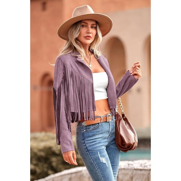 Women's Purple Fringe Faux Suede Leather Jacket Tassel Cropped Fal 2025 Coat - Picture 5 of 9